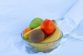 Bowl of different fruits on a white background