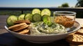 A bowl of dip with crackers and cucumber. Generative AI. Royalty Free Stock Photo