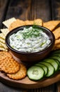 a bowl of dip with cucumber slices and crackers