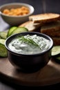 a bowl of dip with cucumbers and slices of bread