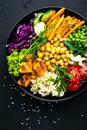 Bowl dish with brown rice, cucumber, tomato, green peas, red cabbage, chickpea, fresh lettuce salad and cashew nuts. Healthy balan Royalty Free Stock Photo