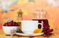 Bowl dog rose , drink , tea, bottle oil on autumn leaves. Royalty Free Stock Photo