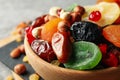 Bowl with dried fruits and nuts, close up Royalty Free Stock Photo