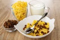 Bowl with dried grape, corn flakes in glass, pitcher with yogurt, spoon in bowl with raisin and corn flakes on table Royalty Free Stock Photo