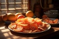 A bowl of dried organic orange chips. Healthy snacks concept