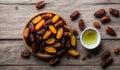Bowl of Dried Sweet Dates on Wooden Table Royalty Free Stock Photo