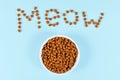 Bowl with dry cat food and kibbles forming word `Meow`