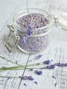 Bowl with dry lavender tea and flowers Royalty Free Stock Photo