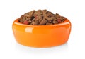 Bowl of dry pet food on white background Royalty Free Stock Photo