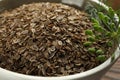Bowl of dry seeds and fresh dill, closeup Royalty Free Stock Photo