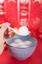 A bowl of dumplings or Yuanxiao on a festive red background with a spoon. The Chinese characters in the picture mean `happiness` a