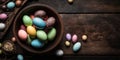 bowl of easter eggs and sweets on rustic wooden table with copy space. Generative AI.