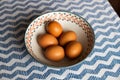 Bowl of eggs, five brown eggs in a bowl Royalty Free Stock Photo