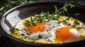 A bowl of eggs with herbs and spices on a plate, AI Royalty Free Stock Photo