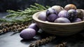 A bowl of eggs and a sprig of rosemary on the table, AI Royalty Free Stock Photo