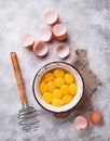 Bowl with eggs yolks and whisk