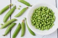 Bowl of English peas and a few pea opds