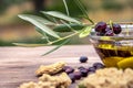 Bowl with extra virgin olive oil, olives, a fresh branch of olive tree and cretan rusk dakos close up.