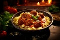 A bowl of fettuccine pasta with tomato sauce and meatballs, garnished with basil leaves and Parmesan cheese on a dark wooden table Royalty Free Stock Photo