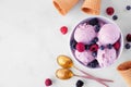 Field berry ice cream, top view with copy space on a marble background Royalty Free Stock Photo