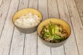 Bowl of filipino bicol of meat with vegetables and garnished with white rice Royalty Free Stock Photo