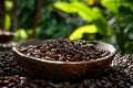 A bowl filled with aromatic coffee beans placed on a wooden table, Luxurious Kopi Luwak coffee beans, AI Generated