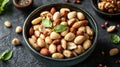 Variety of mixed nuts in a bowl featuring almonds, peanuts, and cashews on a dark table with herbs Royalty Free Stock Photo