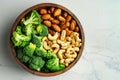 Bowl of Nuts, Broccoli, Carrots, and Cashews