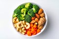 Bowl of Nuts, Broccoli, Carrots, and Cashews