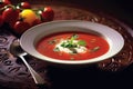 A bowl filled with authentic Ukrainian borscht graces the table, representing the cuisine of Ukraine. Generative AI