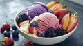 A bowl filled with a colorful assortment of fresh fruit slices and scoops of creamy ice cream Royalty Free Stock Photo