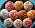 a bowl filled with colorful frosted donuts on a blue background