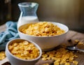 A bowl filled with corn flakes sits next to another bowl of petite flakes, ready for breakfast. The ground corn kernels offer a Royalty Free Stock Photo