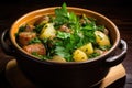 A bowl filled with a delicious mix of meat and vegetables placed on a rustic wooden table, Irish Coddle with sausage potatoes and