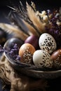 An easter design bowl filled with eggs and flowers on a table, AI