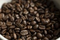 Bowl filled of fresh arabica or robusta coffee beans on a wooden table.