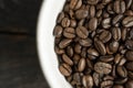 Bowl filled of fresh arabica or robusta coffee beans on a wooden table.