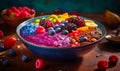 Bowl filled with fruit and nuts next to another bowl of fruit and nuts. Generative AI