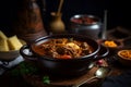 Bowl filled with hearty beef Hungarian goulash stew sits atop a rustic wooden table. Royalty Free Stock Photo