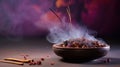 A bowl filled with incense sticks and smoke rising from it, AI