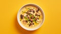 Stylish Asian-inspired Mushroom Soup On Yellow Background