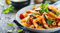 Close-up bowl pasta vegetables herbs flavor delicious healthy Royalty Free Stock Photo