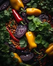 a bowl filled with peppers onions and other vegetables