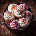 A bowl filled with rainbow sprinkles cupcakes, colorful and eye-catching, suitable for festive or culinary themes