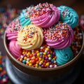 A bowl filled with rainbow sprinkles cupcakes, colorful and eye-catching, suitable for festive or culinary themes