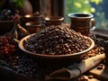 roasted coffee beans in a bowl with freshly picked coffee bean plants in the background