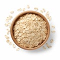 8k Resolution Aerial View Of Wooden Bowl Of Oats On White Background