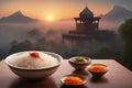 A Bowl Filled With hot Rice over wooden rustic table, terrace face scenic asian mountain panorama Royalty Free Stock Photo