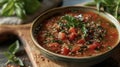 A bowl filled with tomato soup sits on a wooden cutting board Royalty Free Stock Photo