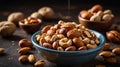 Mixed Nuts in a Blue Bowl on a Dark Rustic Surface with Scattered Nuts Royalty Free Stock Photo